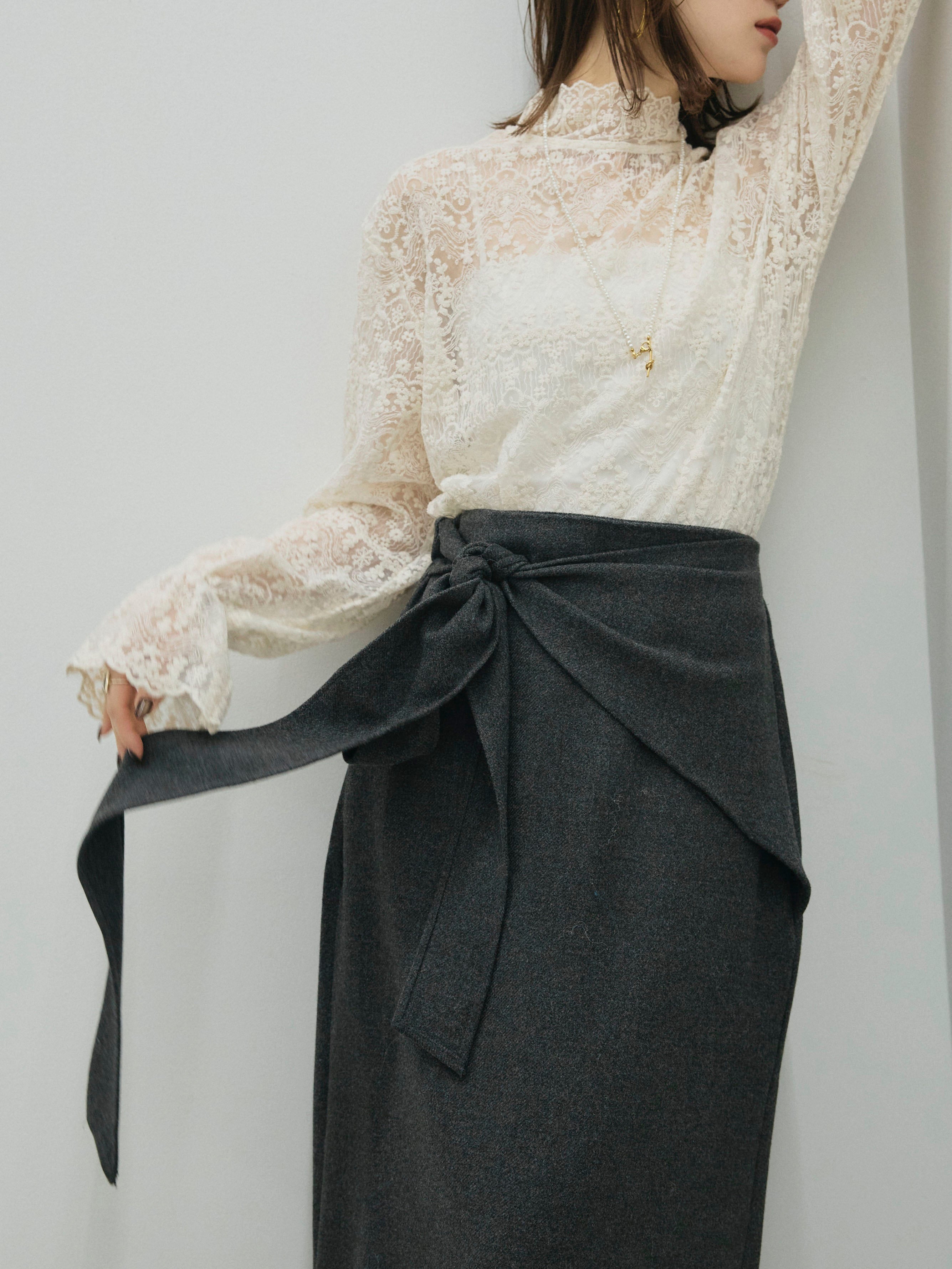 Allure】[SET]ハイネックレーストップス+ウールタッチウエスト巻き