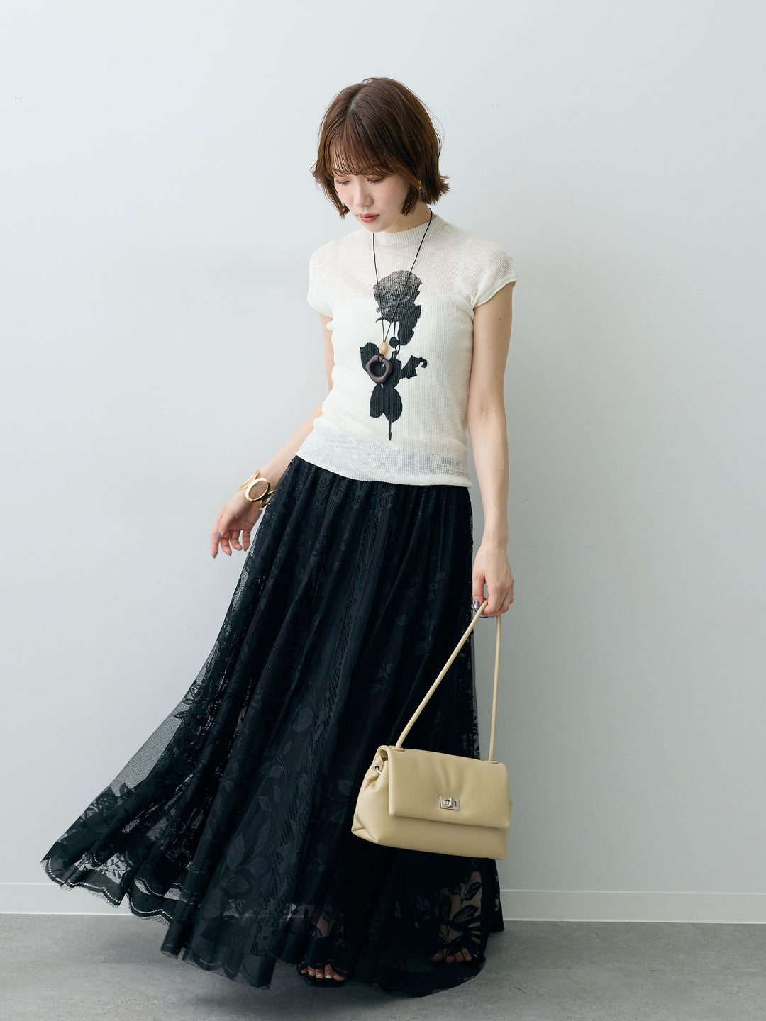 [予約]ボタニカルパネルレースフレアスカート/black