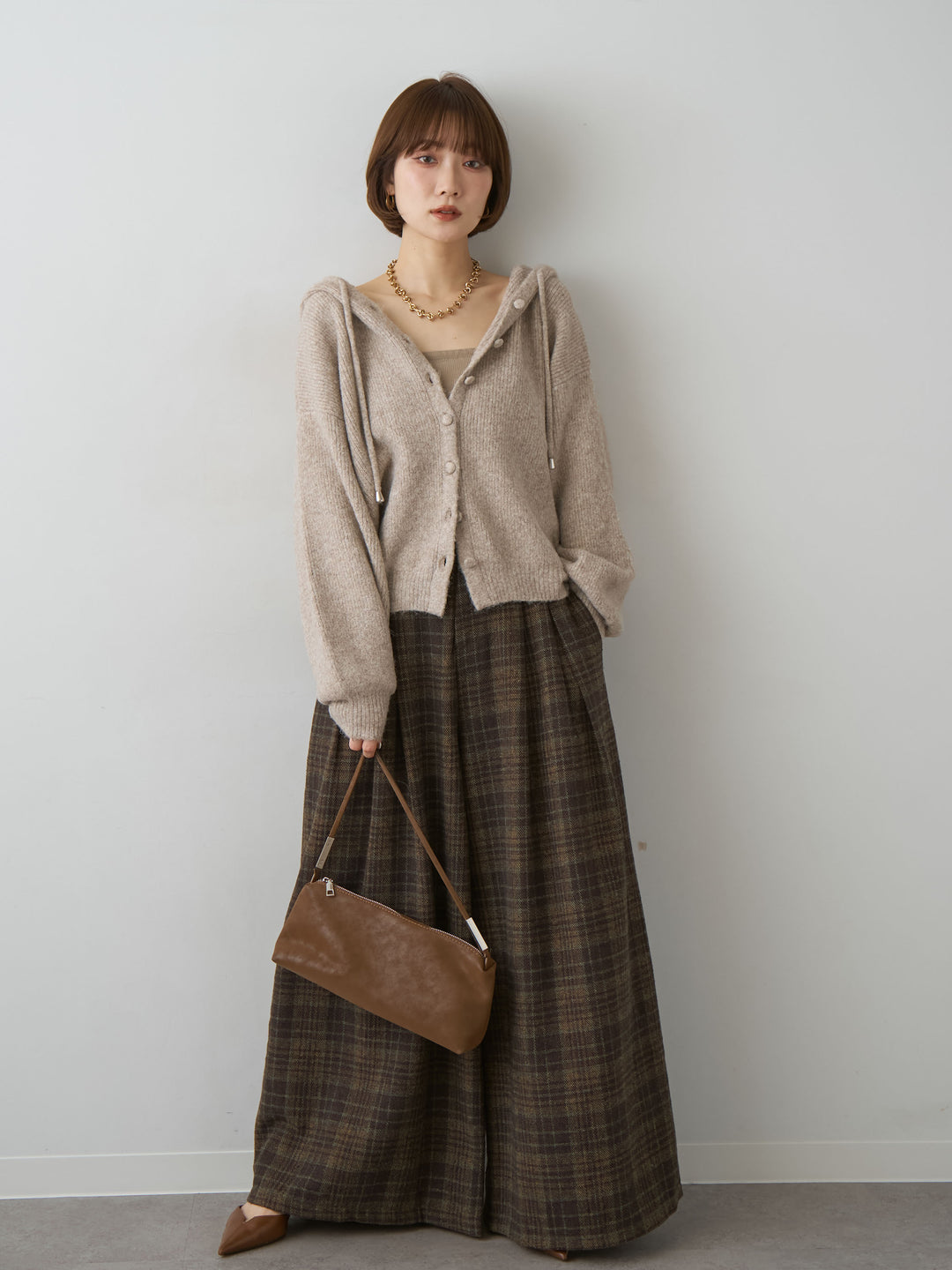 [予約]チェックダブルタックワイドパンツ/brown