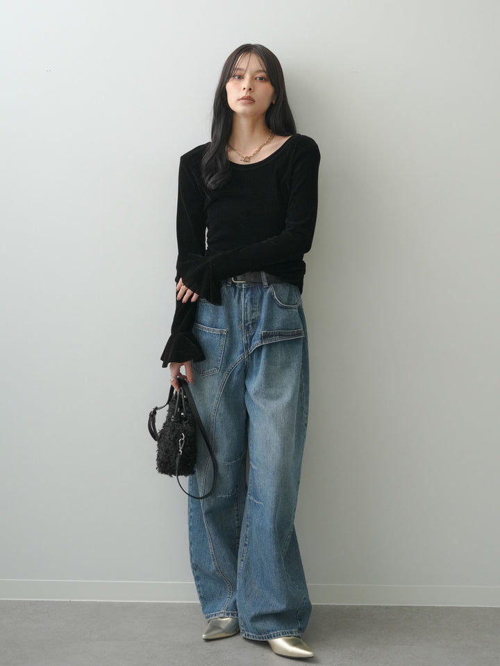 [予約]アシンメトリーポケットワイドデニム/lightblue