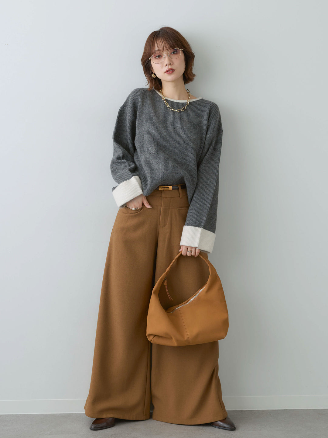 [予約]ベルト付ポケットデザインワイドストレートパンツ/camel