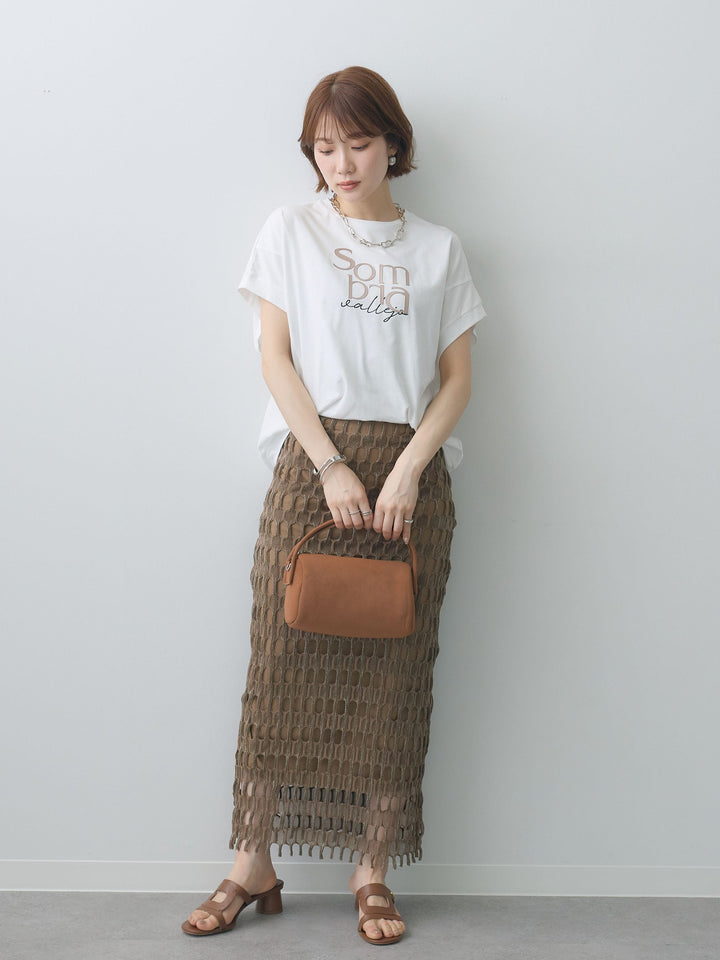 [予約]スクエアメッシュニットIラインスカート/brown