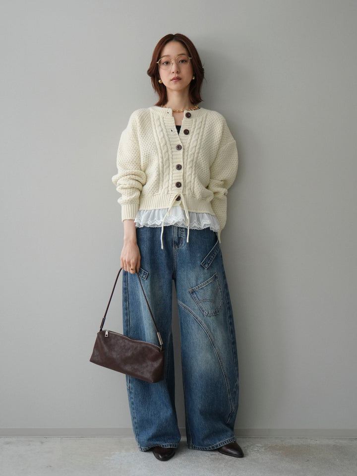 [SET]裾レースケーブルニットカーディガン+ペインターカーブデニムパンツ(2set)