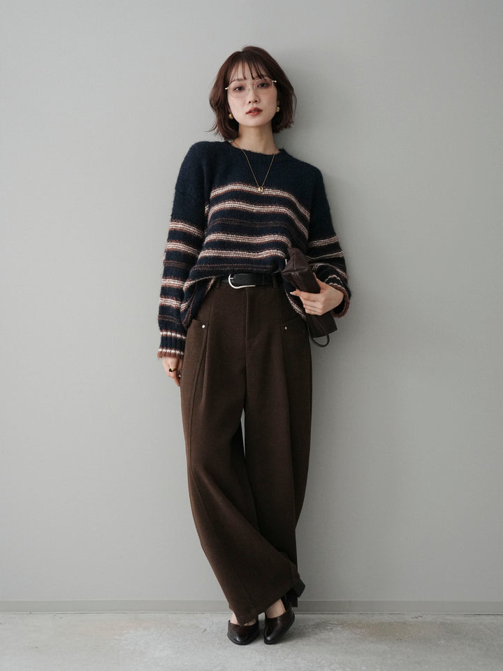 [SET]ステッチボーダーニットプルオーバー+ベルト付起毛コクーンパンツ(2set)