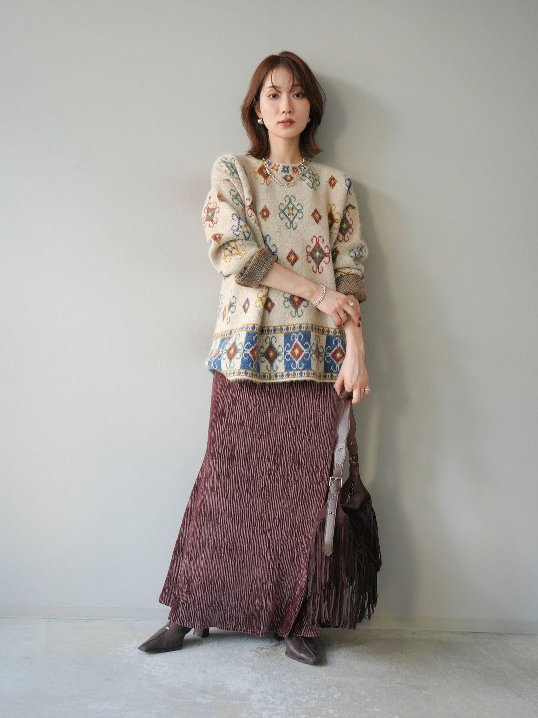 [予約]ヴィンテージ柄オーバーニットプルオーバー/アイボリー