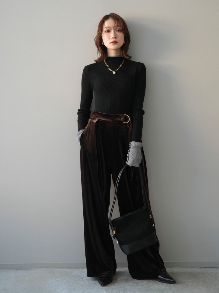 [予約]袖ボタンハイネック配色リブニットトップス/black