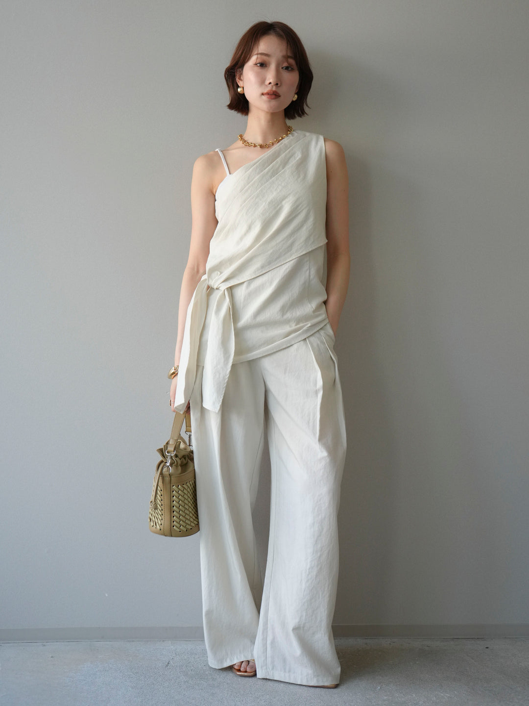 【套裝】單肩上衣+裹身褶皺闊腿褲（兩件套）