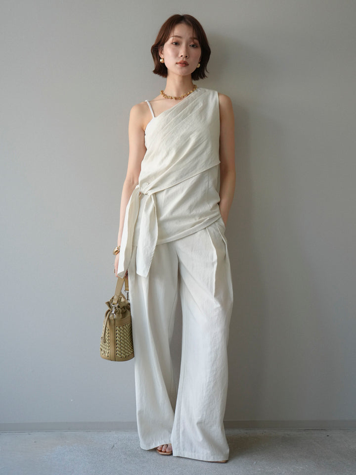 【套裝】單肩上衣+裹身褶皺闊腿褲（兩件套）