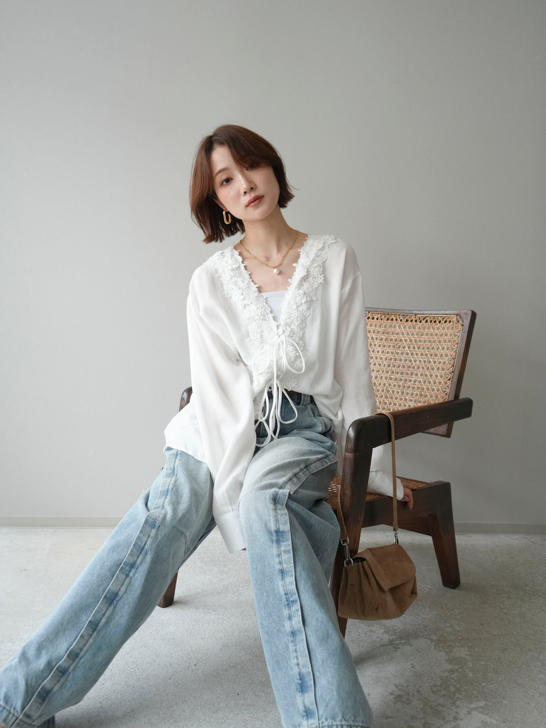 [SET]レースフロントリボンブラウス+サイドベルトワイドカーブデニム(2set)