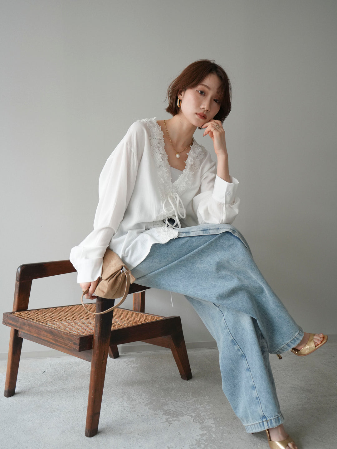 [SET]レースフロントリボンブラウス+サイドベルトワイドカーブデニム(2set)