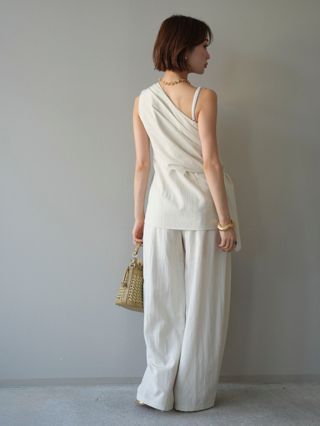 【套裝】單肩上衣+裹身褶皺闊腿褲（兩件套）