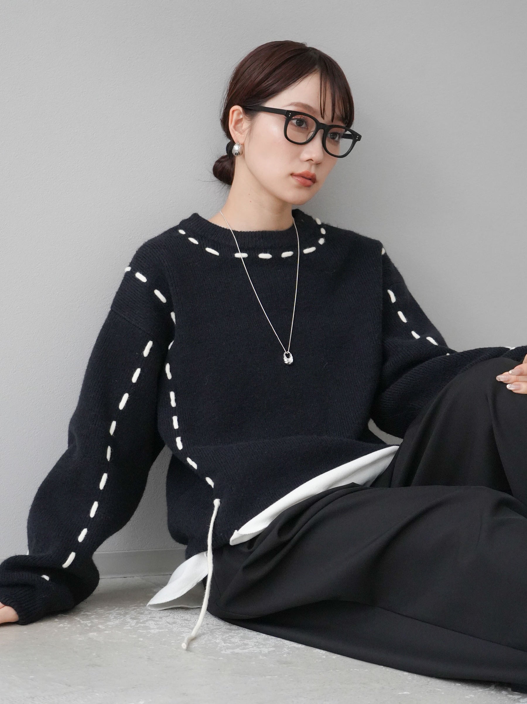 ラブちゃん様　ブラック ニット 予約]ステッチデザインニットプルオーバー/ブラック – Lumier