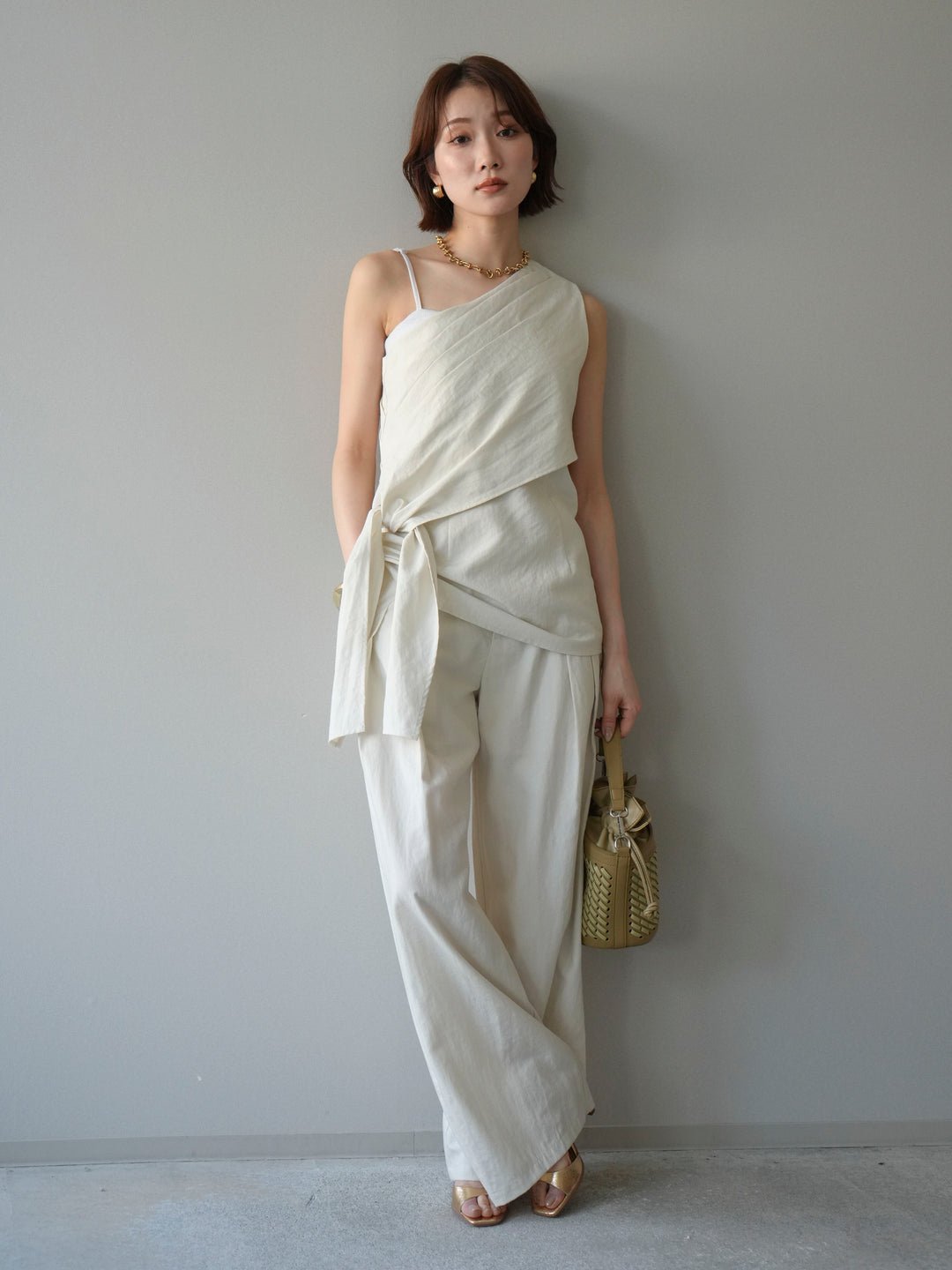 【套裝】單肩上衣+裹身褶皺闊腿褲（兩件套）