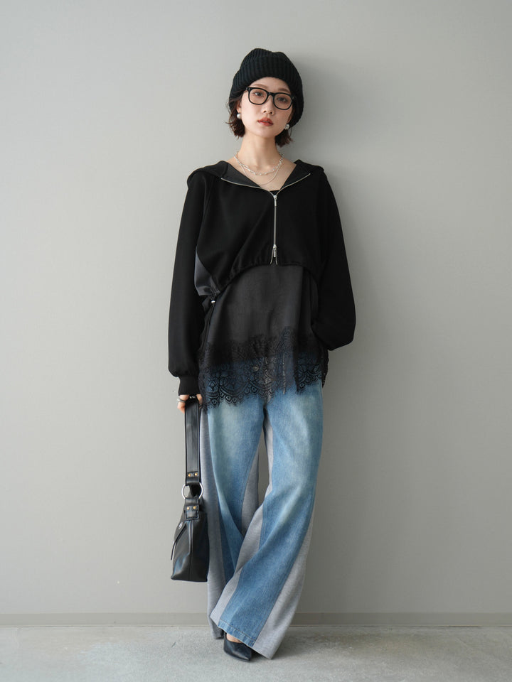 [予約]バイカラー異素材ライトポンチクロップドZIPフーディー/black