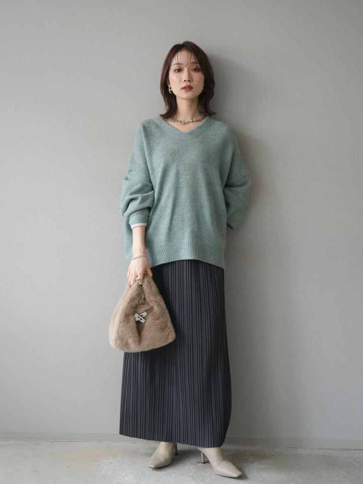 [SET]Vネック配色スリーブニットプルオーバー+選べるアクセセット(2set)