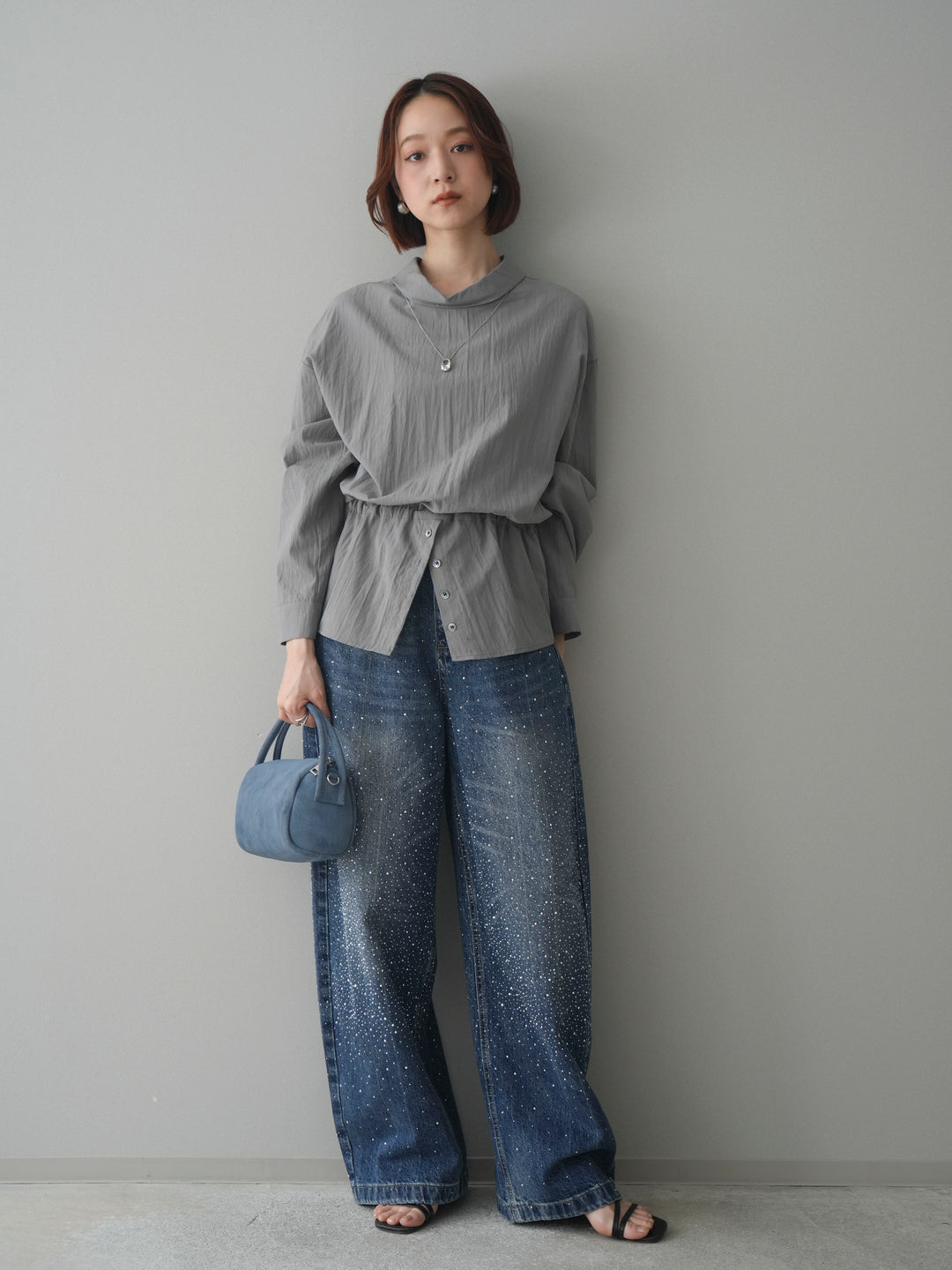 [予約]ボトルネックドロストデザインブラウス/gray