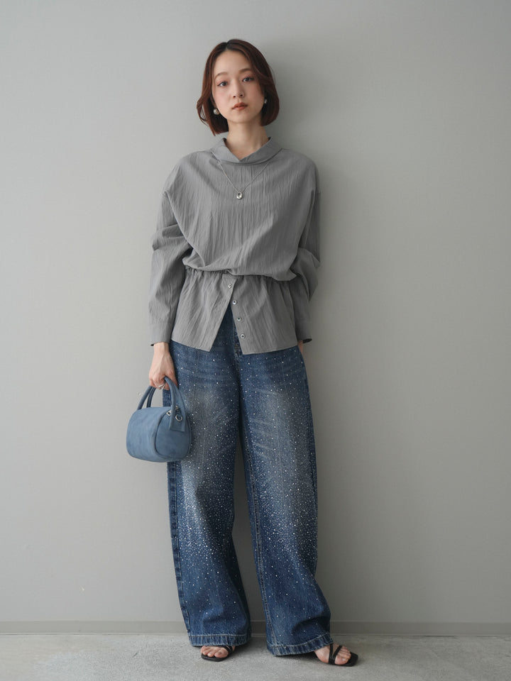 [予約]ボトルネックドロストデザインブラウス/gray
