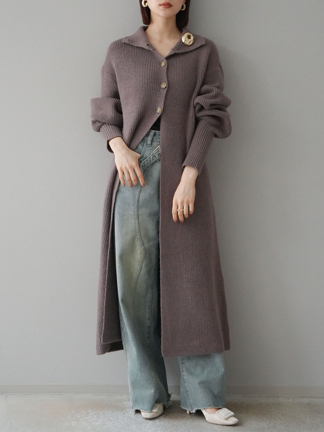[予約]ハイネックニットロングカーディガン/モカ