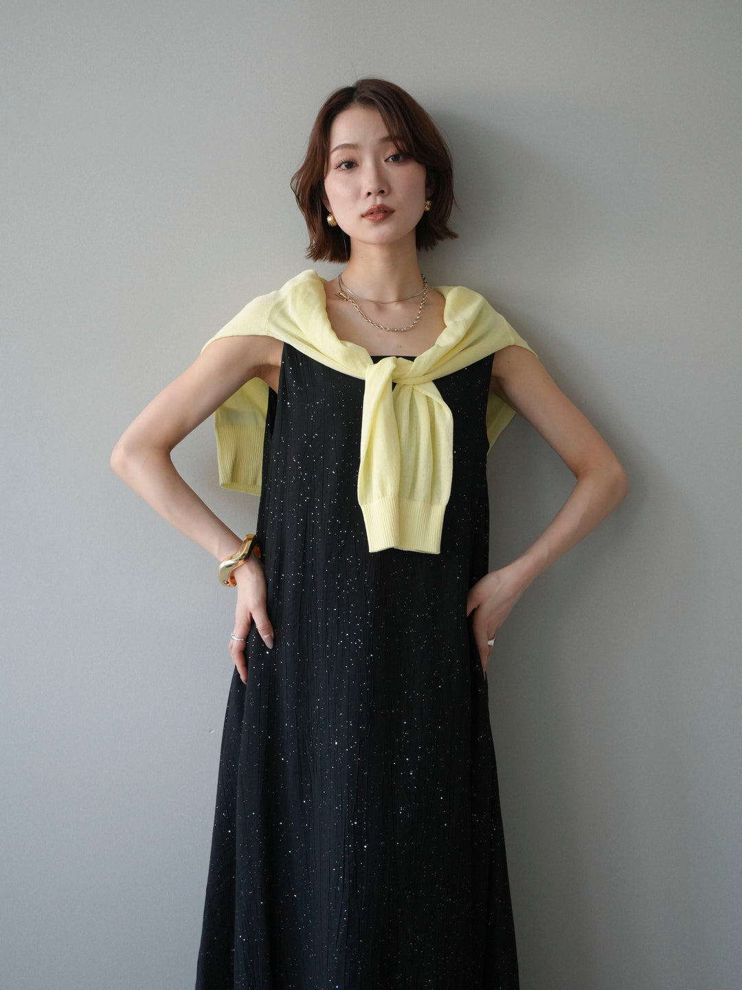 [予約]ラメツイストストラップVバックドレス/black