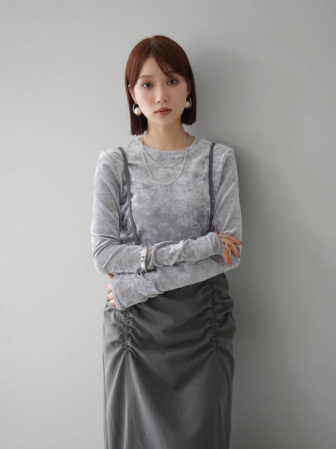 【預購】褶皺吊帶裙/炭灰