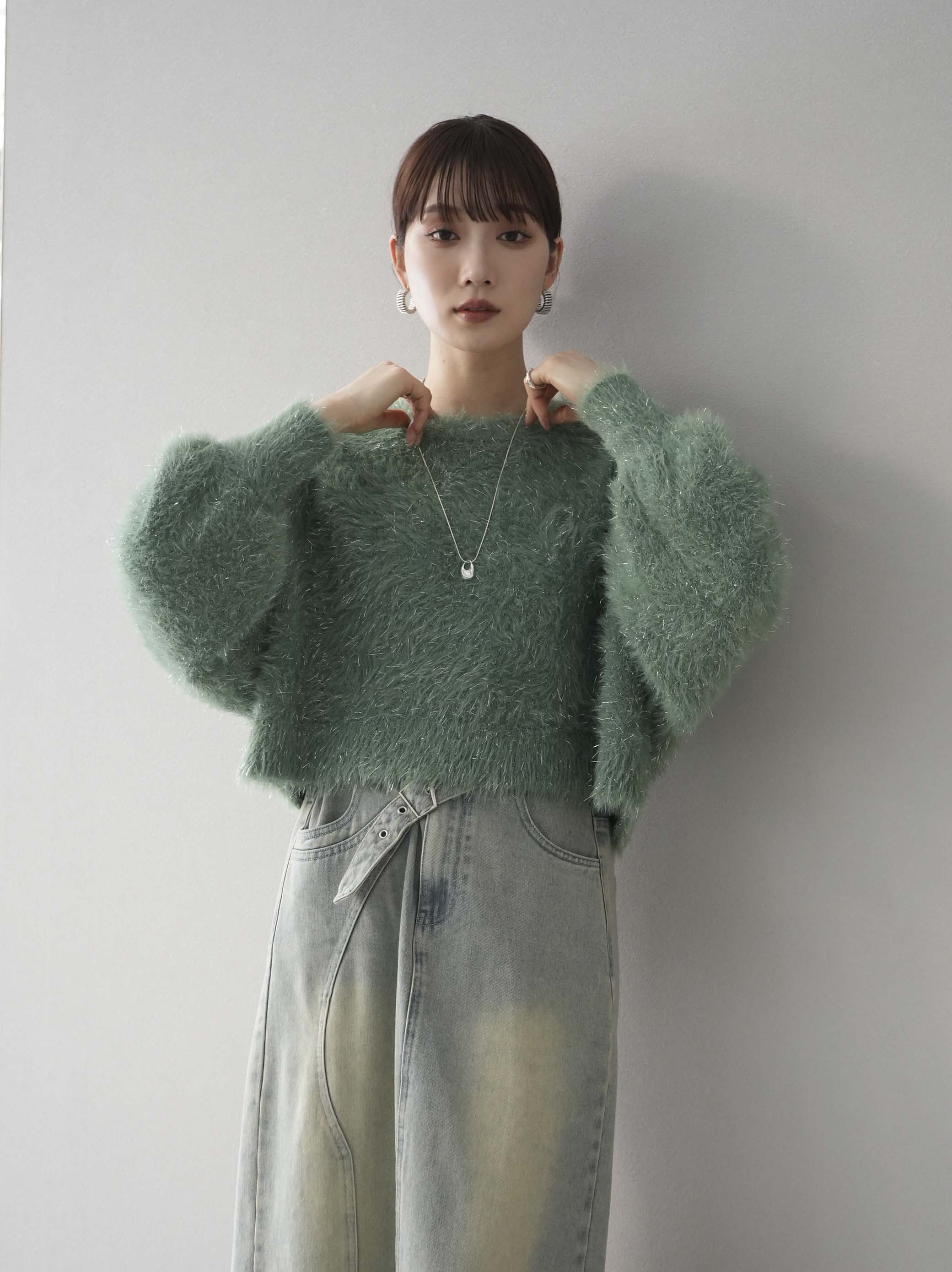 美品　UN3D. スクエアフラワーニット グリーン メッシュ ラメ リブ 美品 UN3D. スクエアフラワーニット グリーン メッシュ ラメ リブ