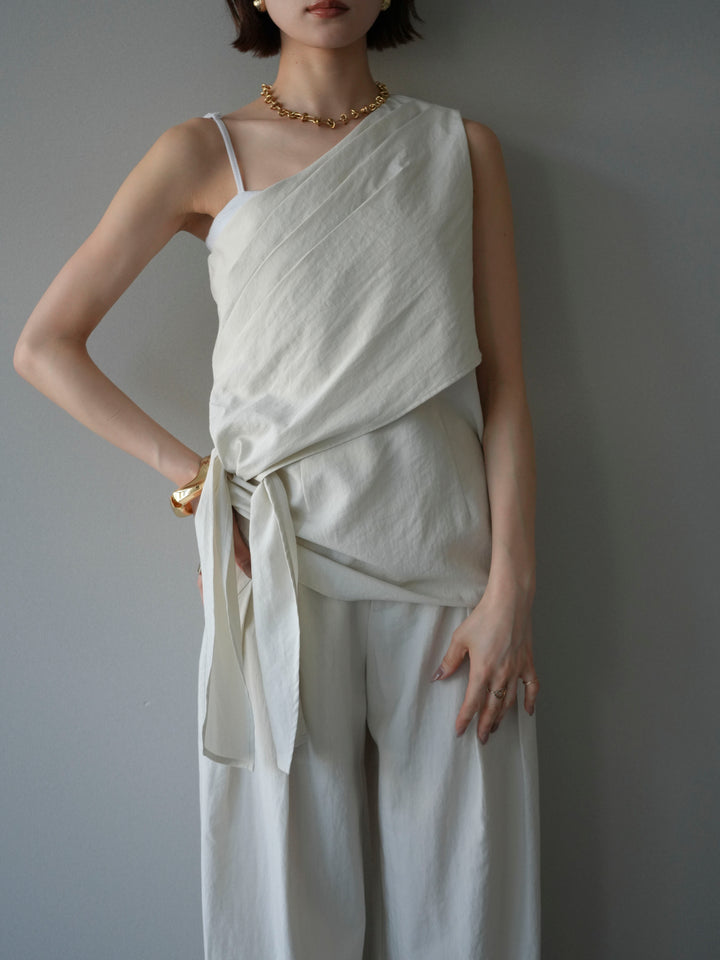 【套裝】單肩上衣+裹身褶皺闊腿褲（兩件套）