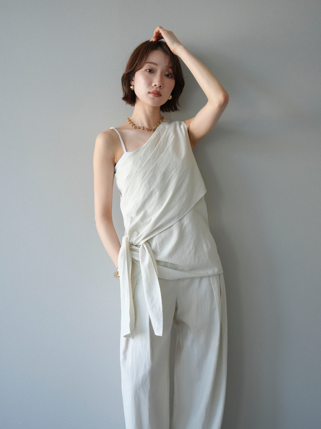 【套裝】單肩上衣+裹身褶皺闊腿褲（兩件套）