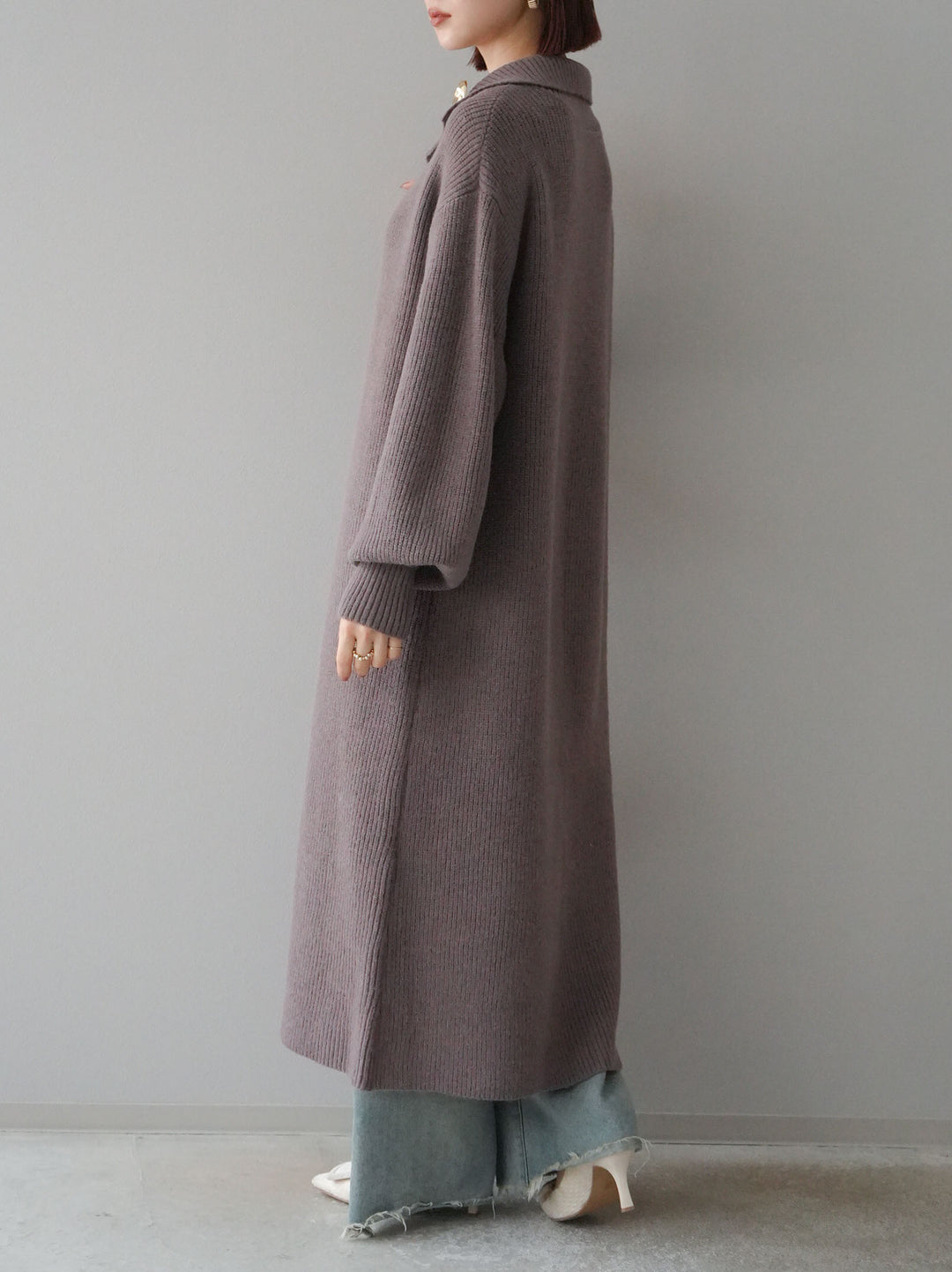 [予約]ハイネックニットロングカーディガン/モカ