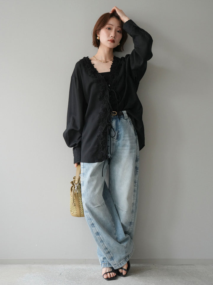 [SET]レースフロントリボンブラウス+サイドベルトワイドカーブデニム(2set)