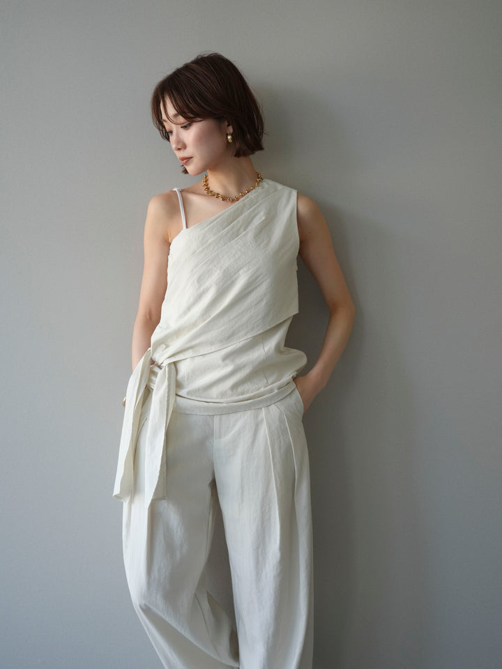 【套裝】單肩上衣+裹身褶皺闊腿褲（兩件套）