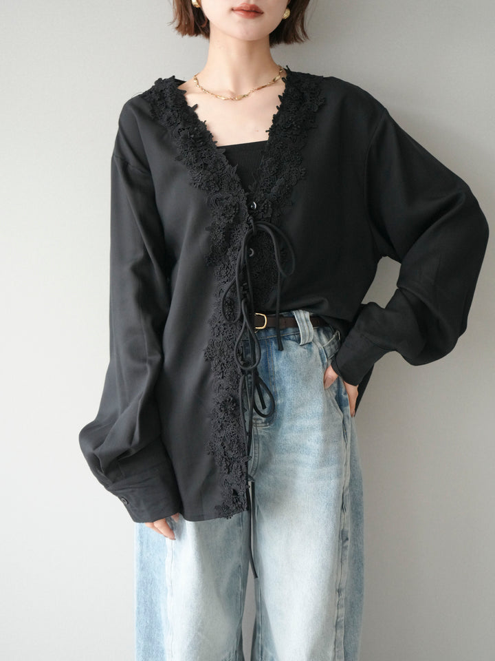 [予約]レースフロントリボンブラウス/black