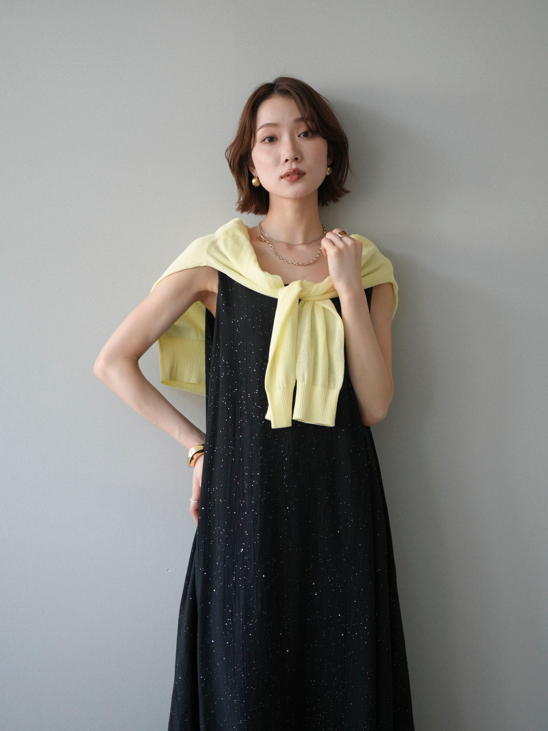 [予約]ラメツイストストラップVバックドレス/black