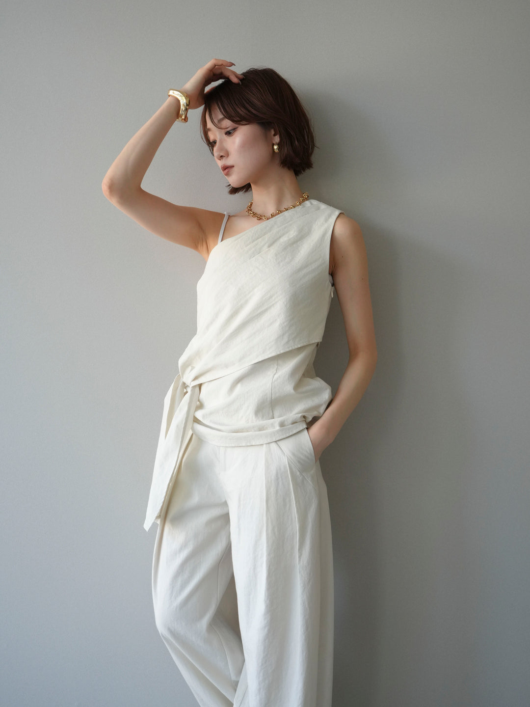 [予約]ワンショルダーラップトップス/ivory