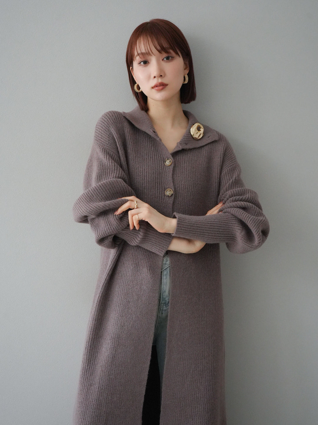 [予約]ハイネックニットロングカーディガン/モカ