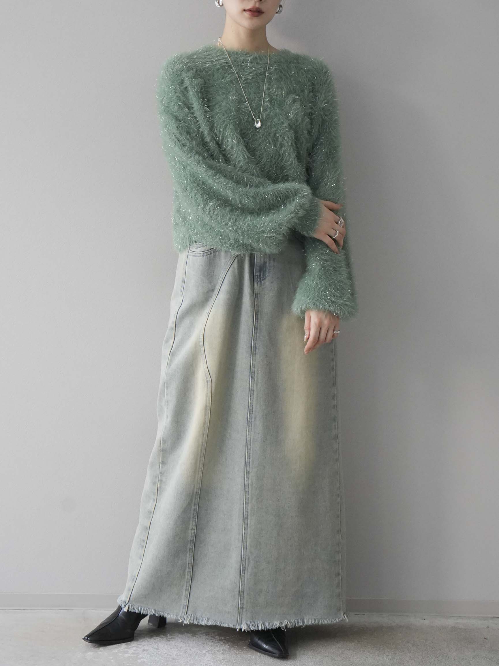 美品　UN3D. スクエアフラワーニット グリーン メッシュ ラメ リブ 美品 UN3D. スクエアフラワーニット グリーン メッシュ ラメ リブ