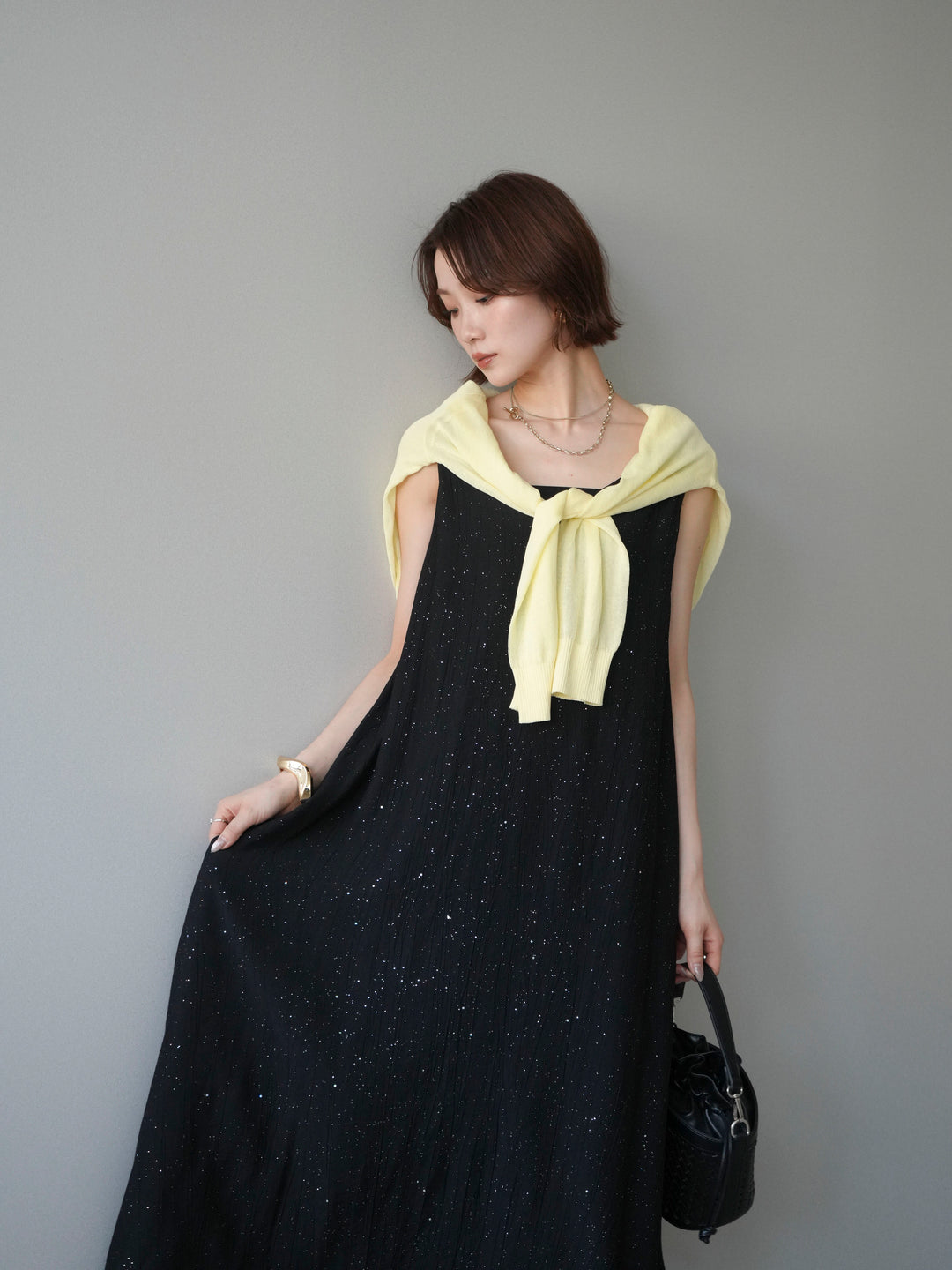 [予約]ラメツイストストラップVバックドレス/black