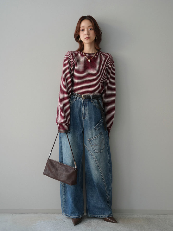 [SET]ラメ異素材ボーダーリブニットプルオーバー+ペインターカーブデニムパンツ(2set)