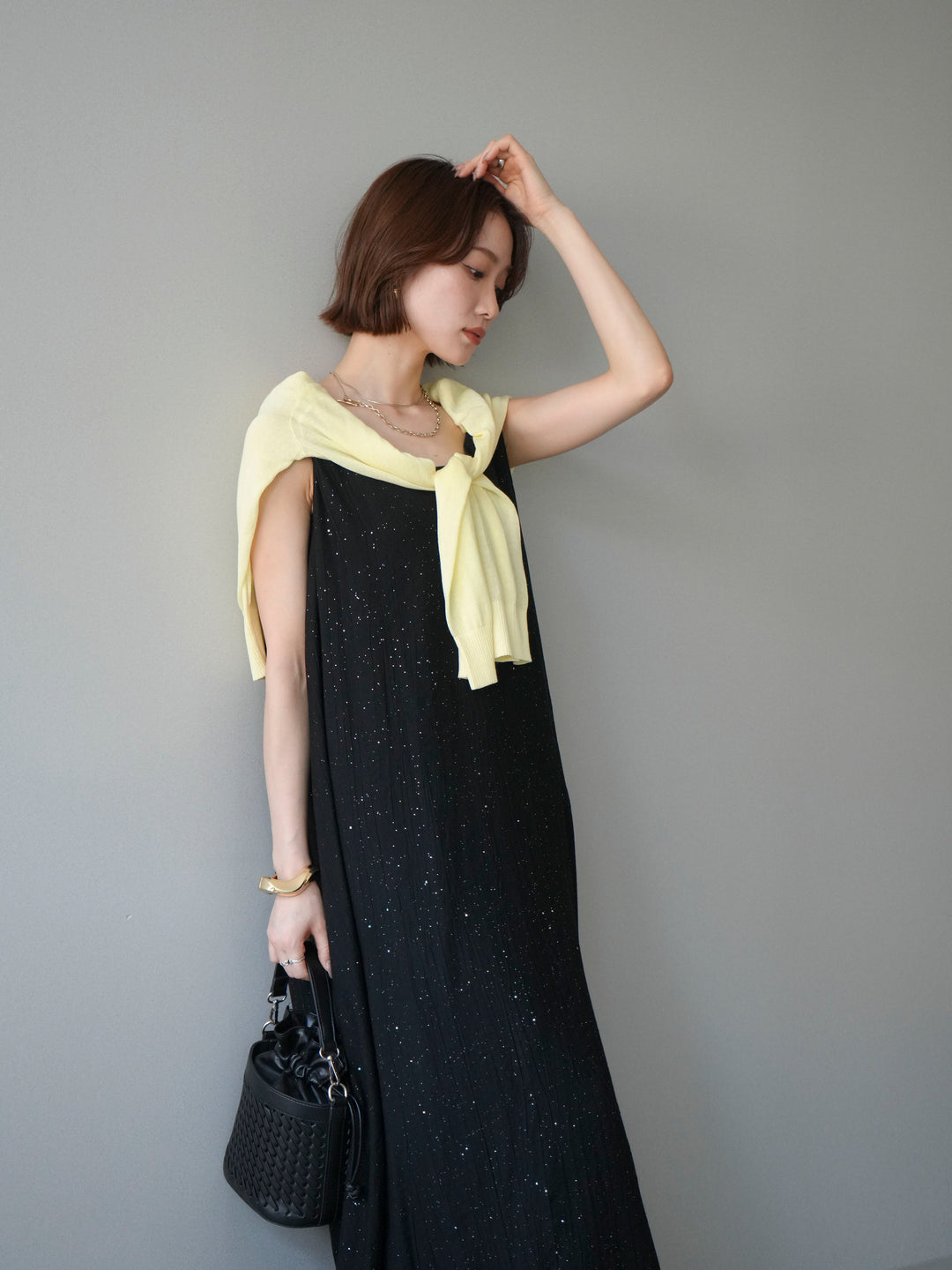 [予約]ラメツイストストラップVバックドレス/black