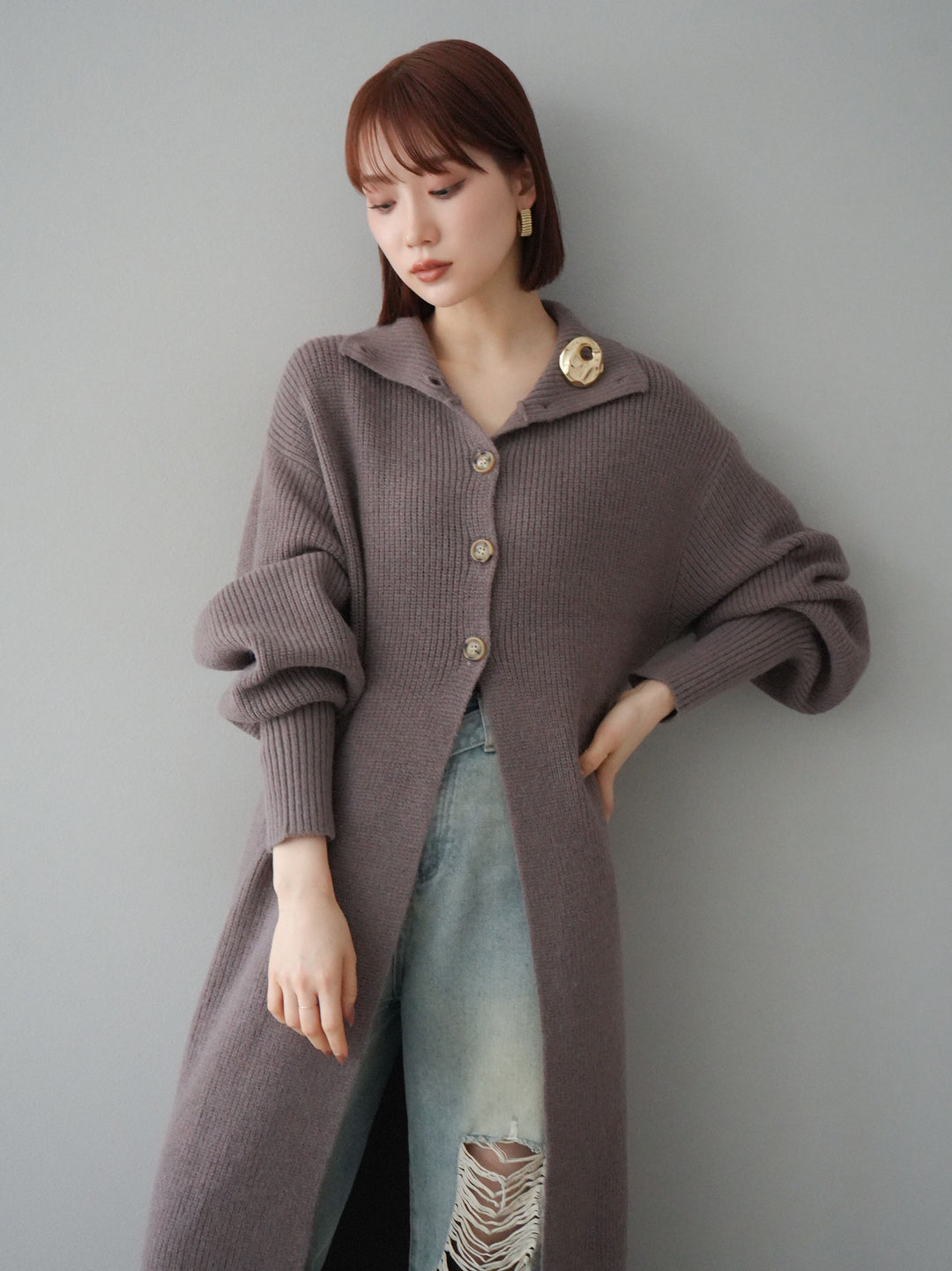 [予約]ハイネックニットロングカーディガン/モカ