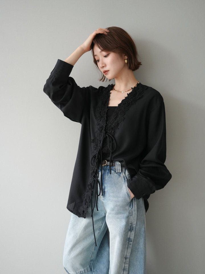 [SET]レースフロントリボンブラウス+サイドベルトワイドカーブデニム(2set)