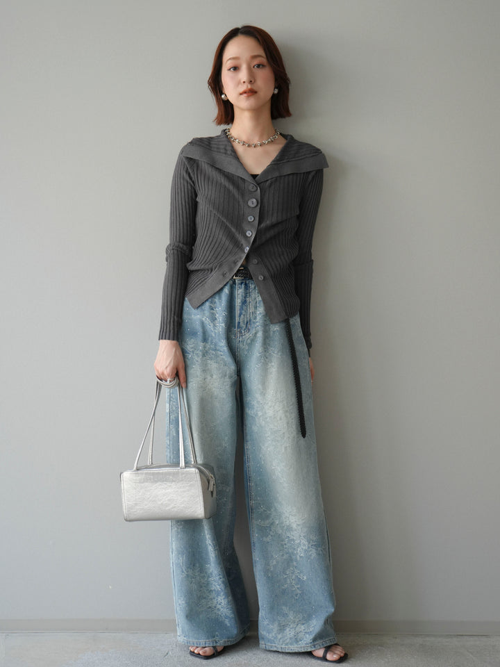 [予約]フラワー刺繍ビジューワイドデニムパンツ/lightblue