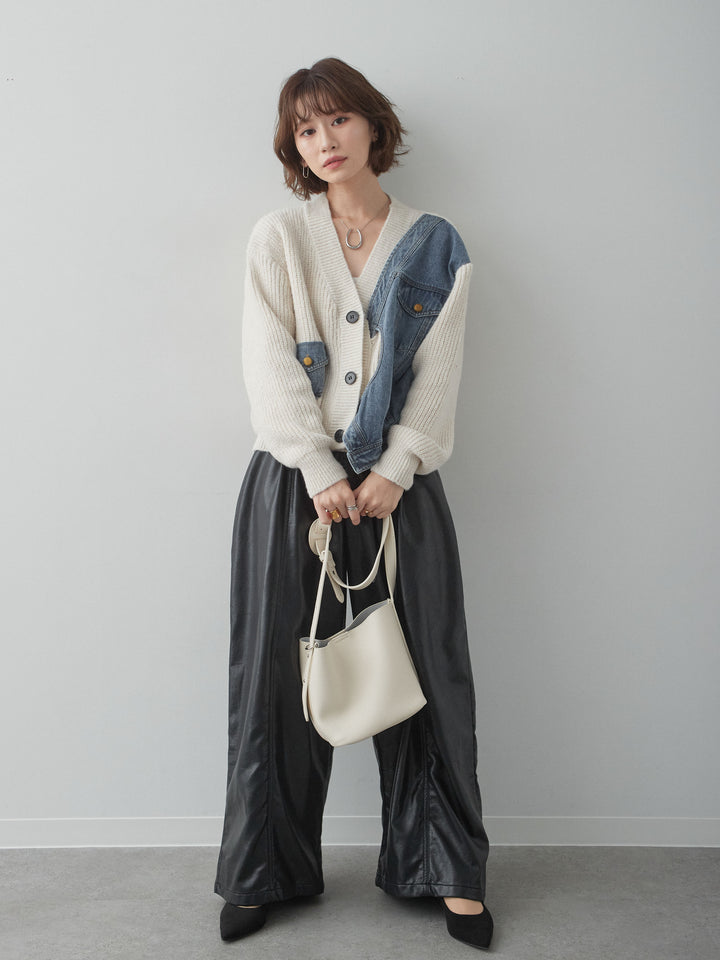 [SET]フェイクレザーワイドパンツ+フェイクレザーワイドパンツ(2set)