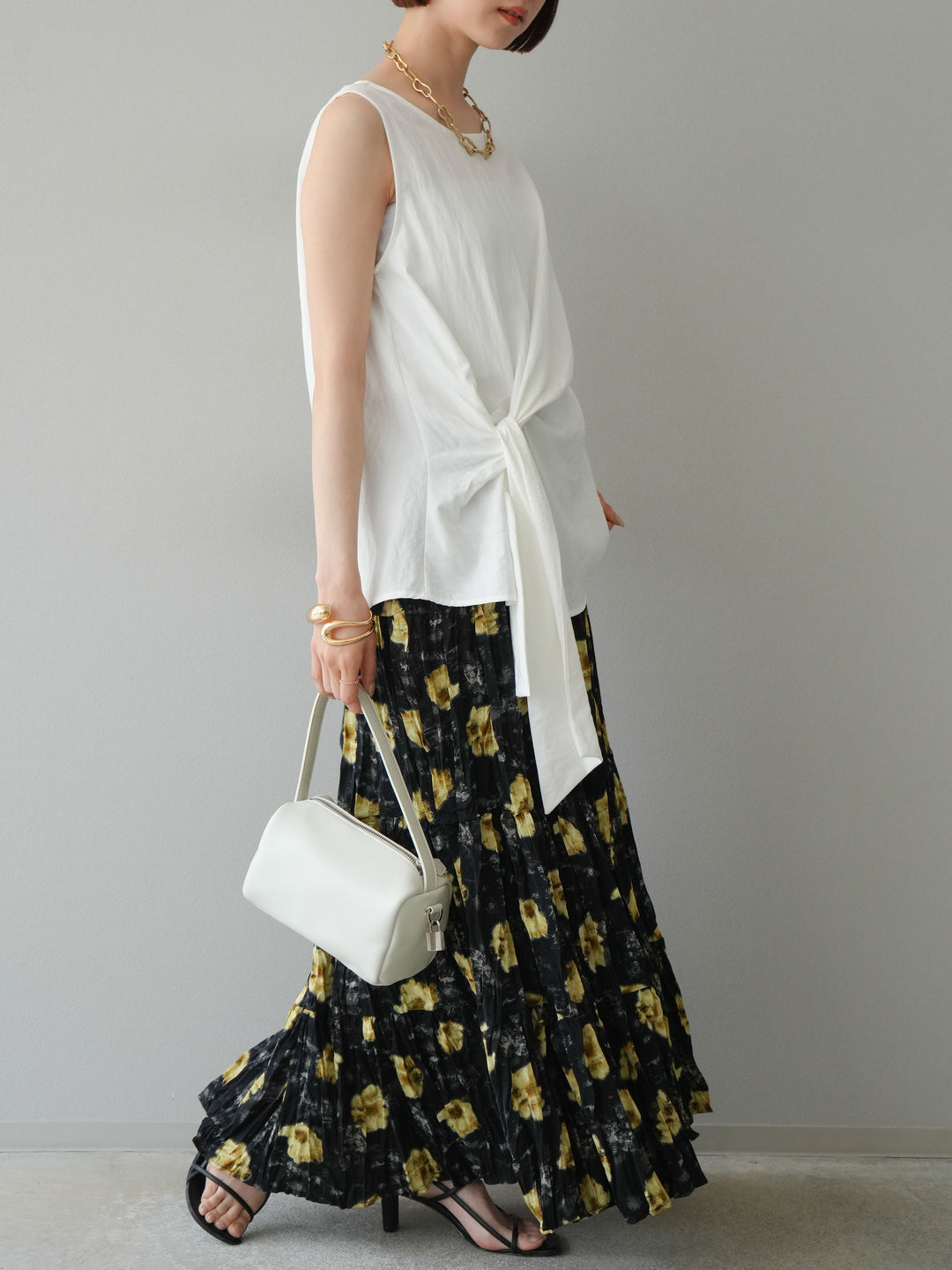 [予約]フラワーワッシャーロングスカート/ブラック