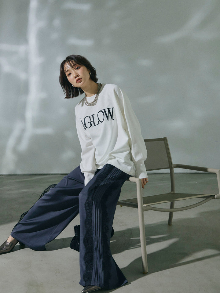 【Allure】[SET]ブークレダンボールロゴ刺繍プルオーバー+サイドピンタックレースイージーワイドパンツ(2set)