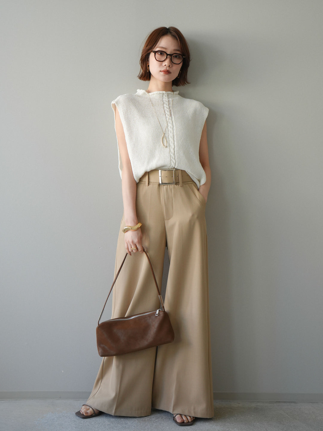 [予約]シルバーバックルドレープワイドスラックス/beige