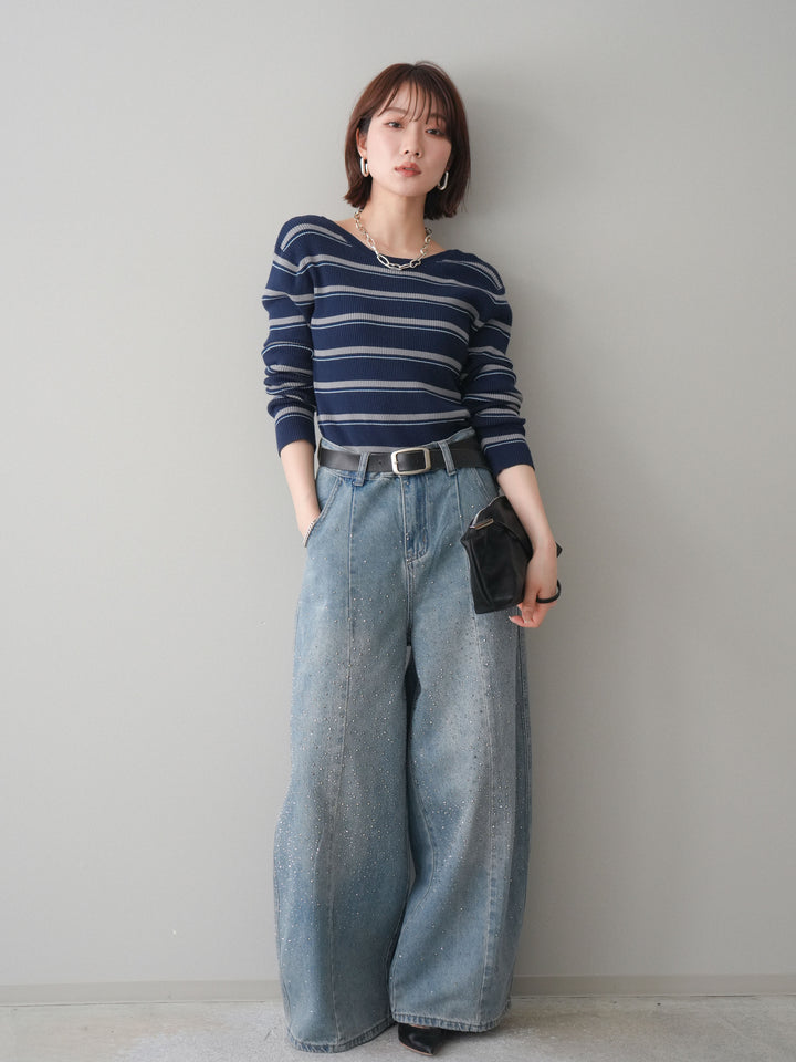 [予約]フロントビジューカーブデニムパンツ/lightblue