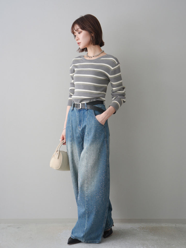 [予約]フロントビジューカーブデニムパンツ/blue