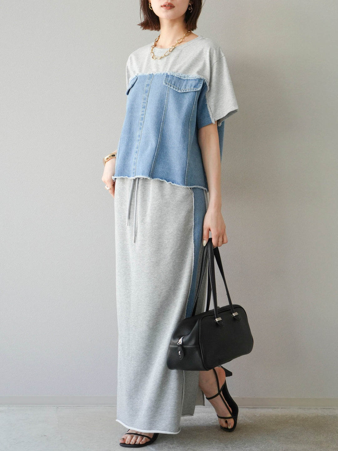 [予約]デニムドッキングスウェットスカート/グレー