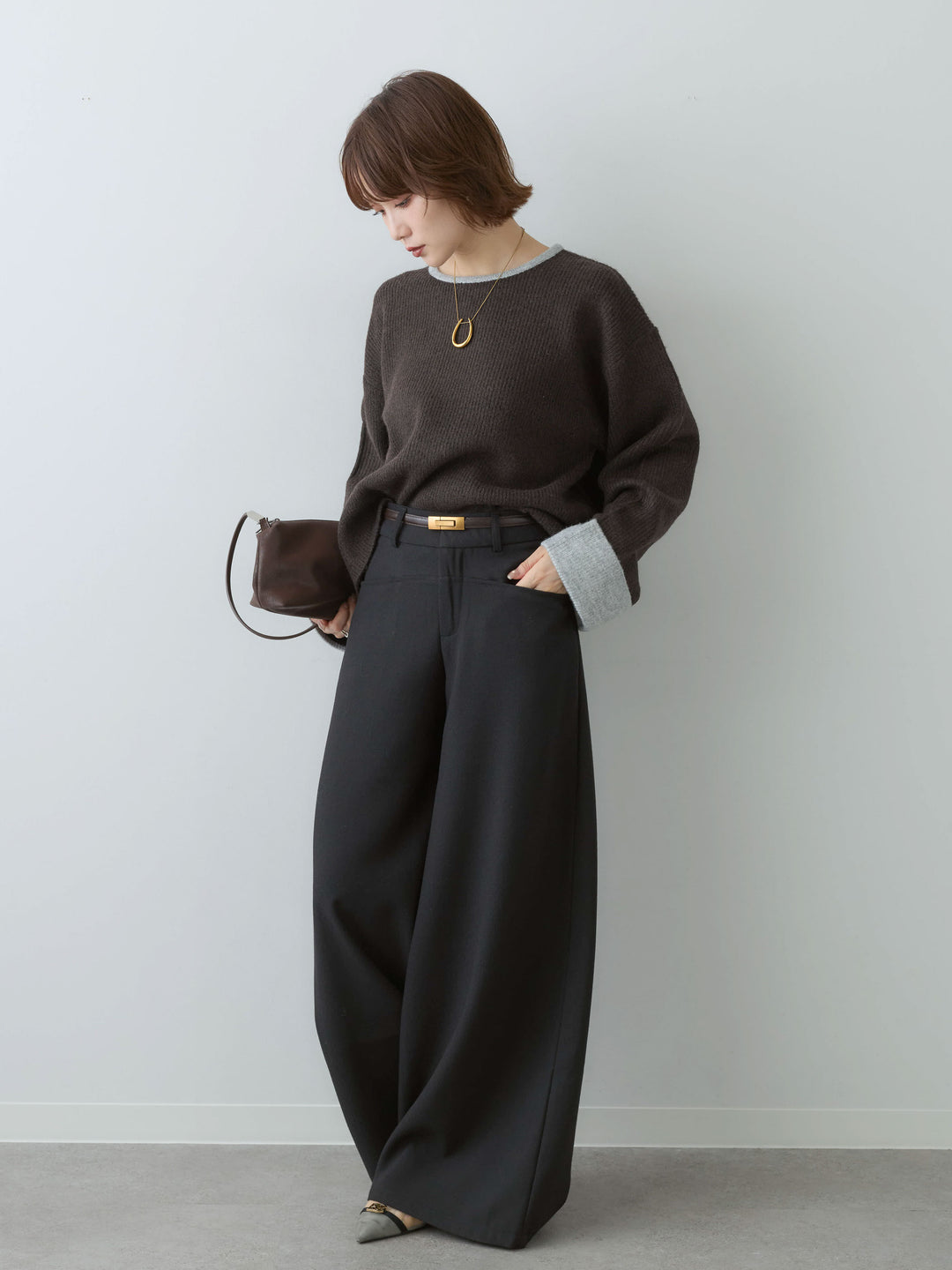[予約]ベルト付ポケットデザインワイドストレートパンツ/black