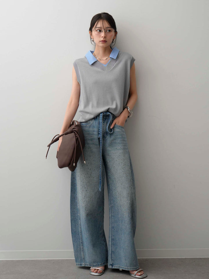 [予約]ウエストベルトフロントビジューカーブワイドパンツ/lightblue
